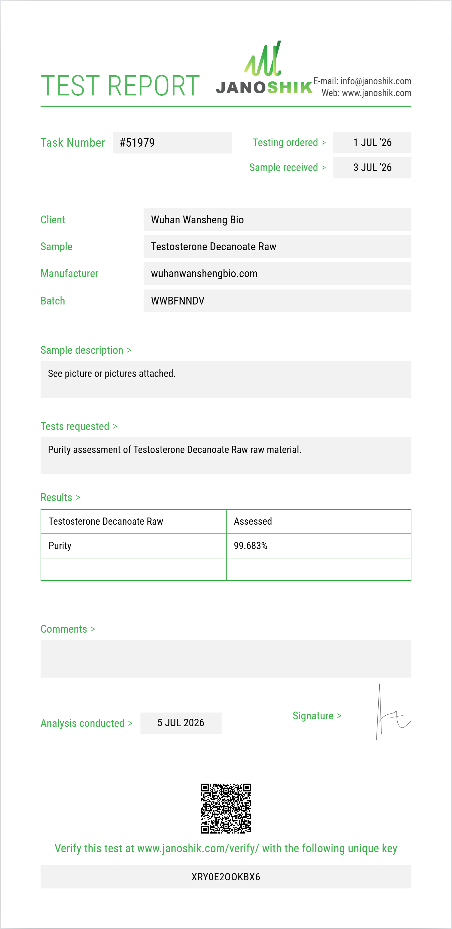 Testosterone Decanoate Raw Purity (HPLC) report by Janoshik Analytical