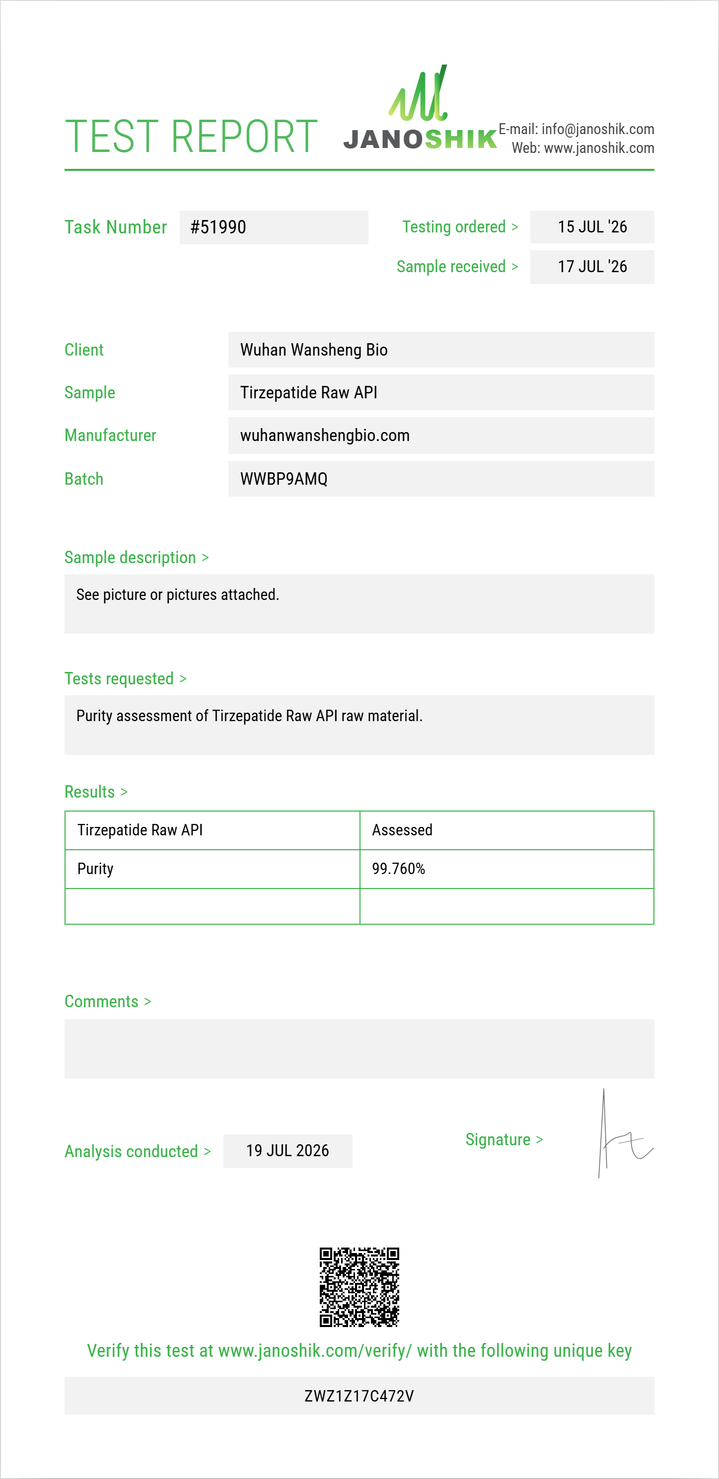 Tirzepatide Raw Purity (HPLC) report by Janoshik Analytical