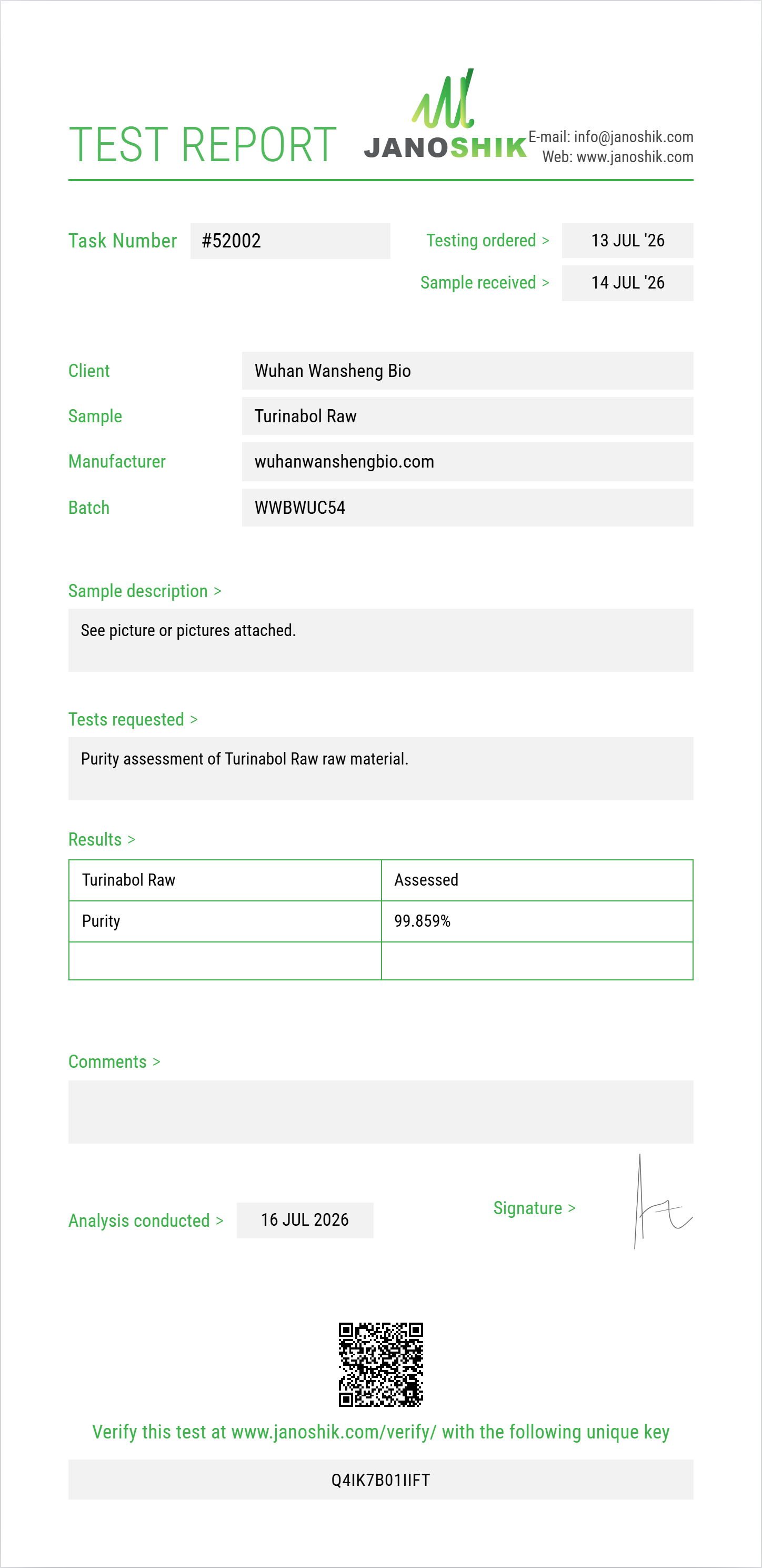 Turinabol Raw Purity (HPLC) report by Janoshik Analytical